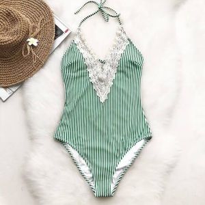 CUPSHE one piece crochet striped V neck bathing suit